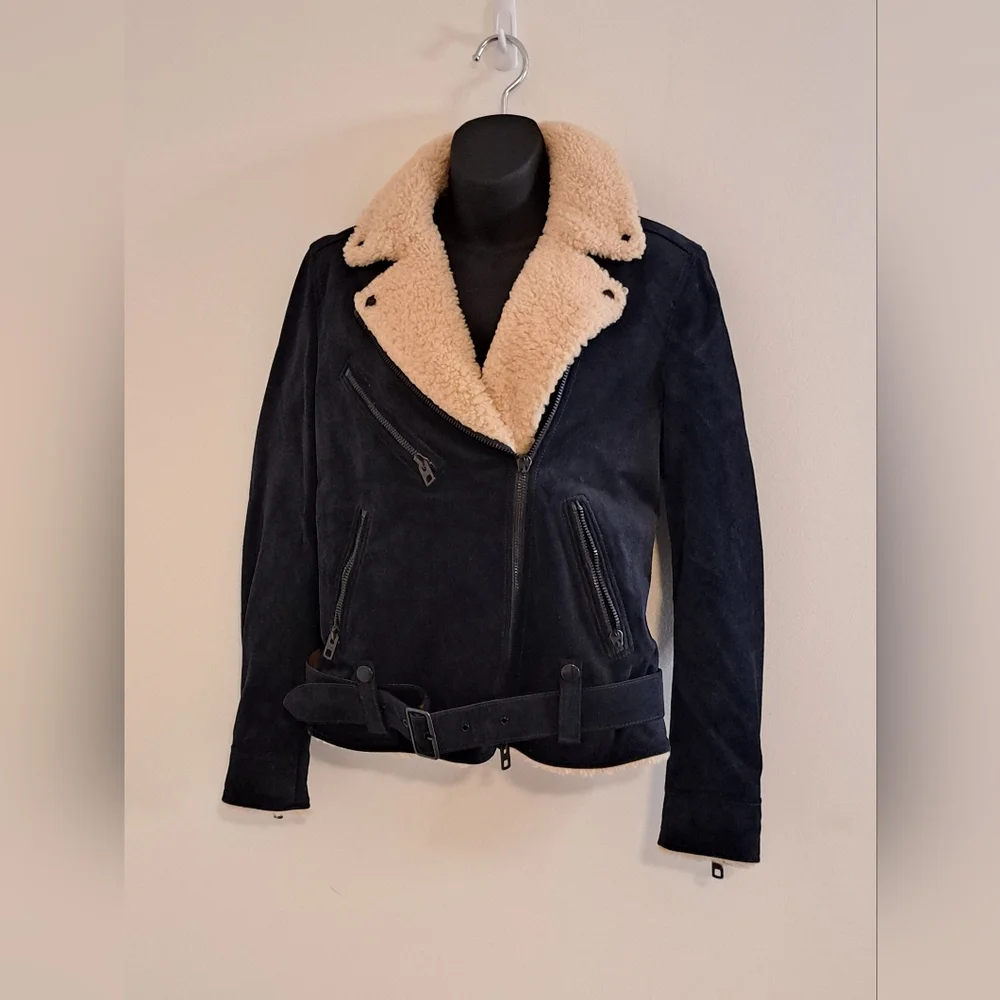 Coach Blue Suede Motorcyle Jacket with Cream Shearling  Collar Misses Size MED